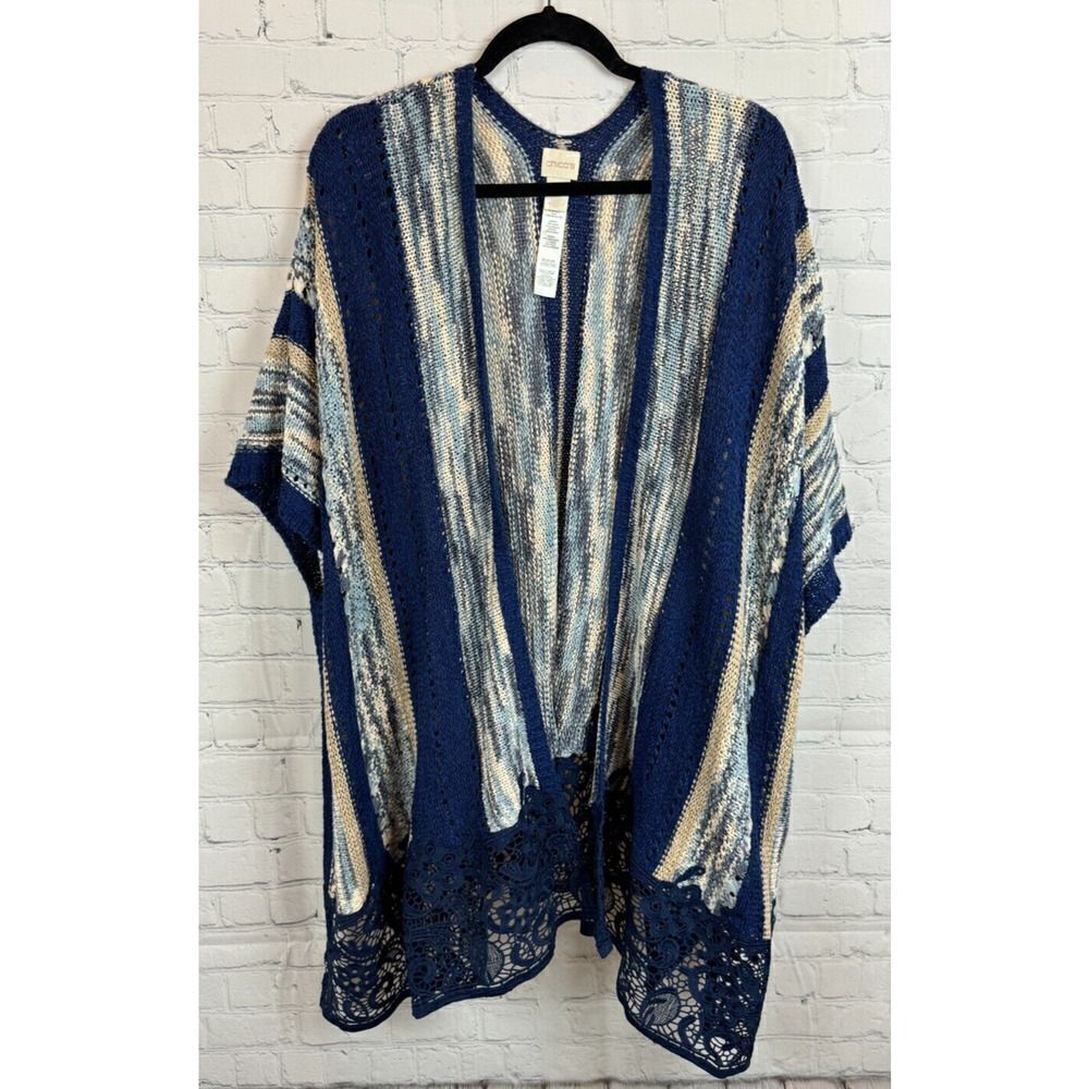 CHICO'S white gray blue knit lace trim open front oversized cardigan vest L/XL